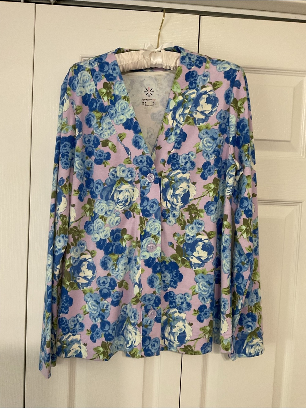 Isaac Mizrahi Lavender Floral Button-Front Shirt with Blue Roses
